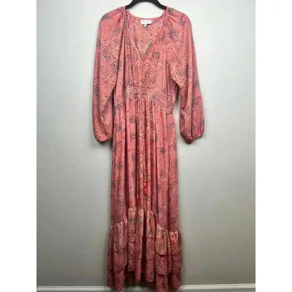 Boemo Revolve Pink Bohemian Paisley Long Sleeve Dress - size Large Petite